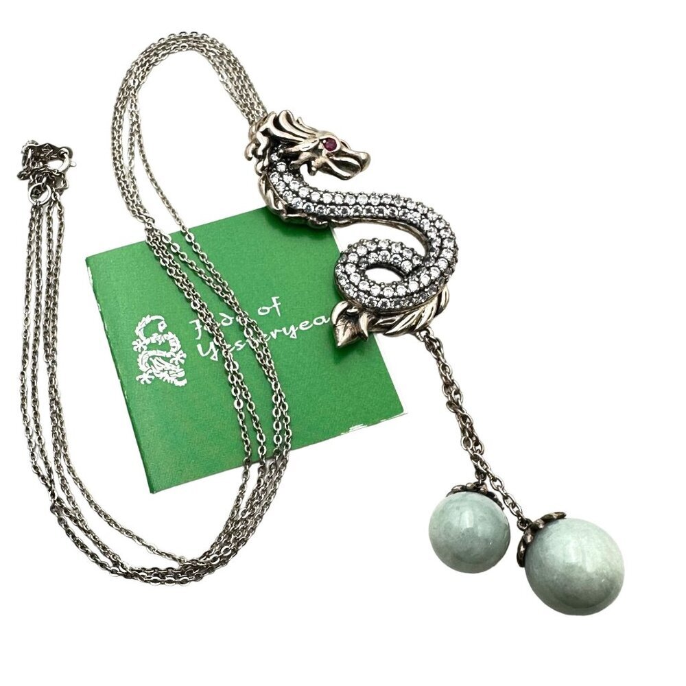 Jade of Yesteryear Womens Necklace Sterling Silver Green Jade Dragon Pendant